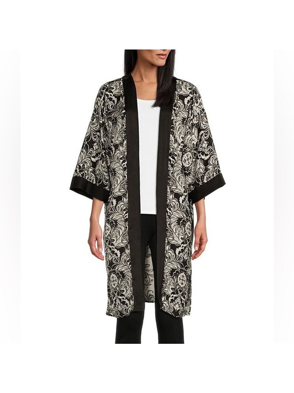 🎩🗝️NWT $89 Slim Factor by Investments Stylized Floral Print 3/4 Sleeve Kimono
